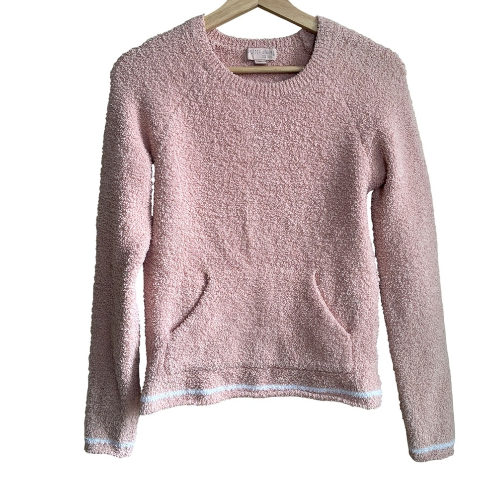 Barefoot Dreams CozyChic Knit Sweater XS Pink Womens Kangaroo Pocket Stripe